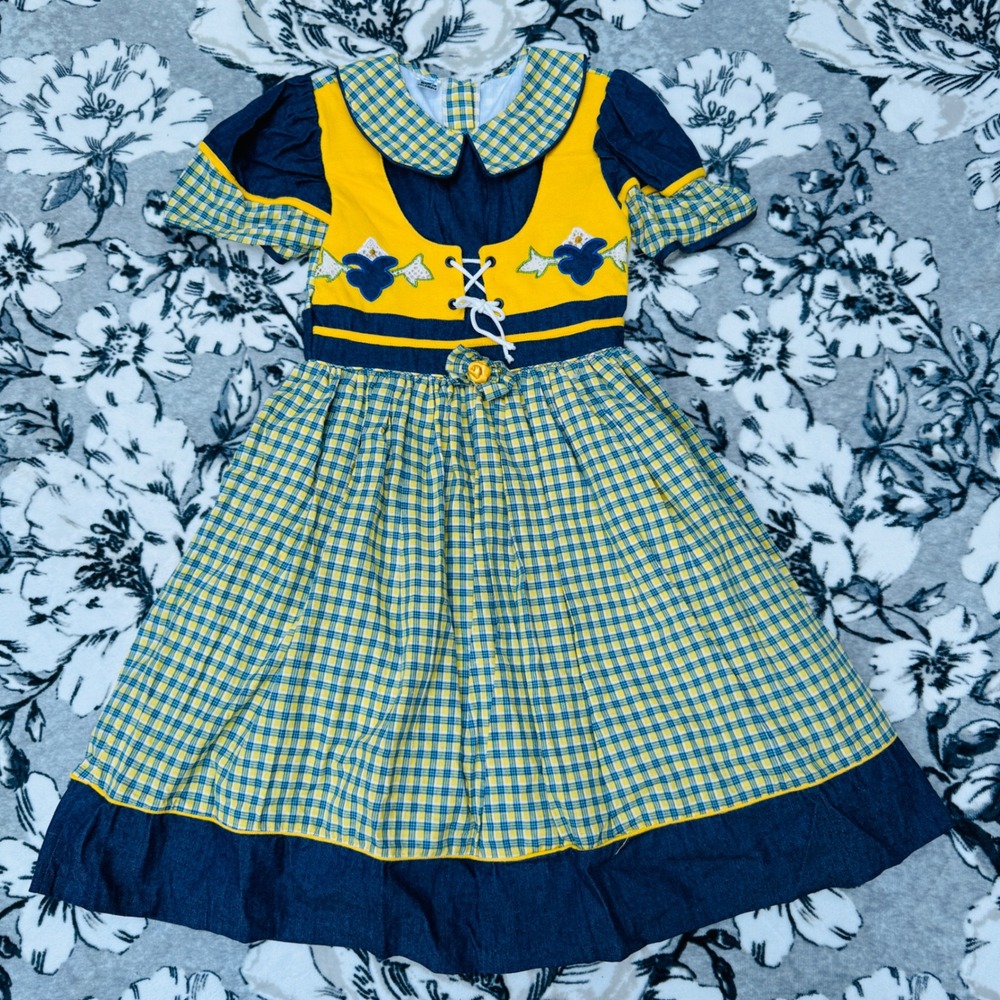 Vintage Narci Stell Dress Kids Size 10 Yellow Blue Plaid New With Tags Folk Lace